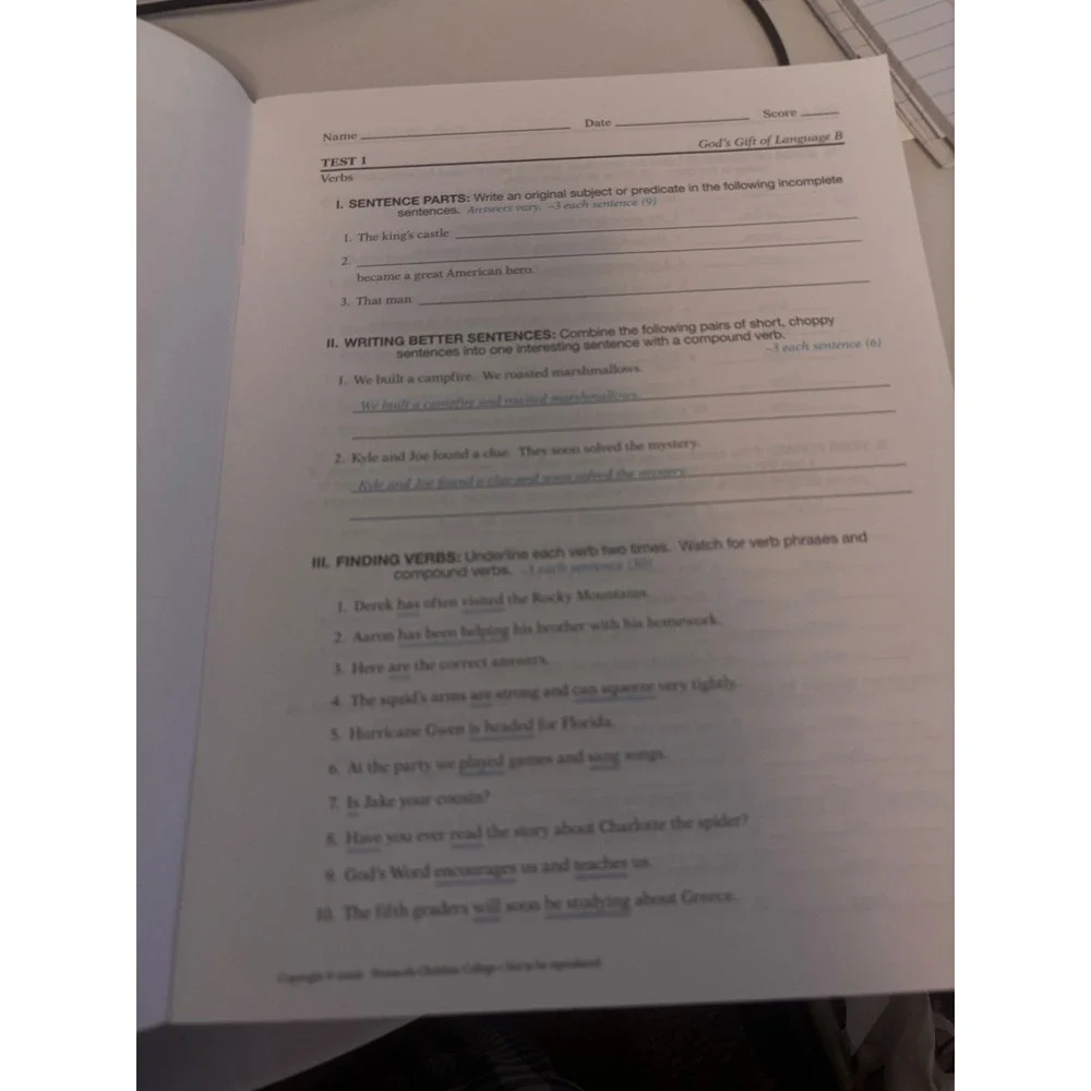A Beka God's Gift of Language B Answer Key Grade 5 Blue Third Edition Grammar